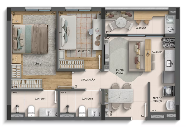 2 QUARTOS 1 SUÍTE + VARANDA - 63 m²